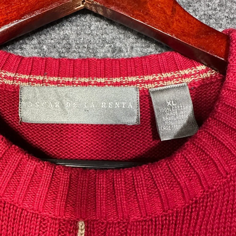 Oscar De La Renta Sweater Mens XL Red Plaid Cotton Crew Neck Ribbed Cuffs Hem